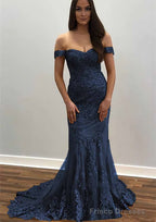 Trumpet/Mermaid Off-the-Shoulder Court Train Tulle Prom Dresses With Lace Appliqued