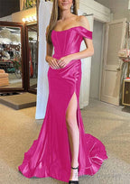 Trumpet/Mermaid Off-the-Shoulder Regular Straps Court Train Silk like Satin Prom Dresses With Pleated Split