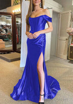Trumpet/Mermaid Off-the-Shoulder Regular Straps Court Train Silk like Satin Prom Dresses With Pleated Split