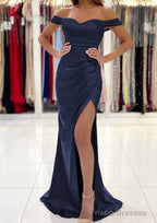Trumpet/Mermaid Off-the-Shoulder Short Sleeve Long/Floor-Length Satin Prom Dresses With Pleated Split