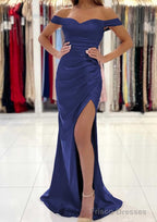 Trumpet/Mermaid Off-the-Shoulder Short Sleeve Long/Floor-Length Satin Prom Dresses With Pleated Split
