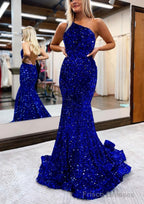 Trumpet/Mermaid One-Shoulder Sleeveless Long/Floor-Length Velvet Sequins Prom Dresses