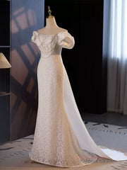 Trumpet Mermaid Puffy Sleeves  Wedding Dress With Detachable Train