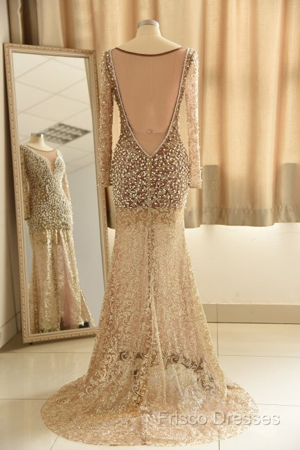 Trumpet Mermaid Scoop Champagne Tulle Beading Luxury Formal Prom Dress Secondary image
