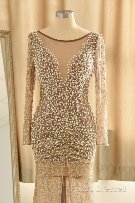 Trumpet Mermaid Scoop Champagne Tulle Beading Luxury Formal Prom Dress