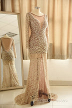 Trumpet Mermaid Scoop Champagne Tulle Beading Luxury Formal Prom Dress