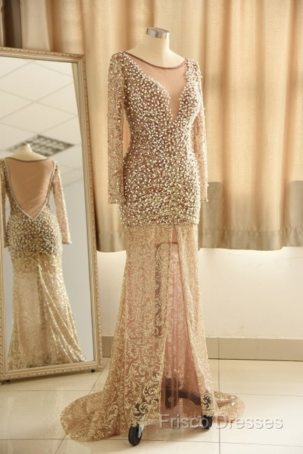 Trumpet Mermaid Scoop Champagne Tulle Beading Luxury Formal Prom Dress