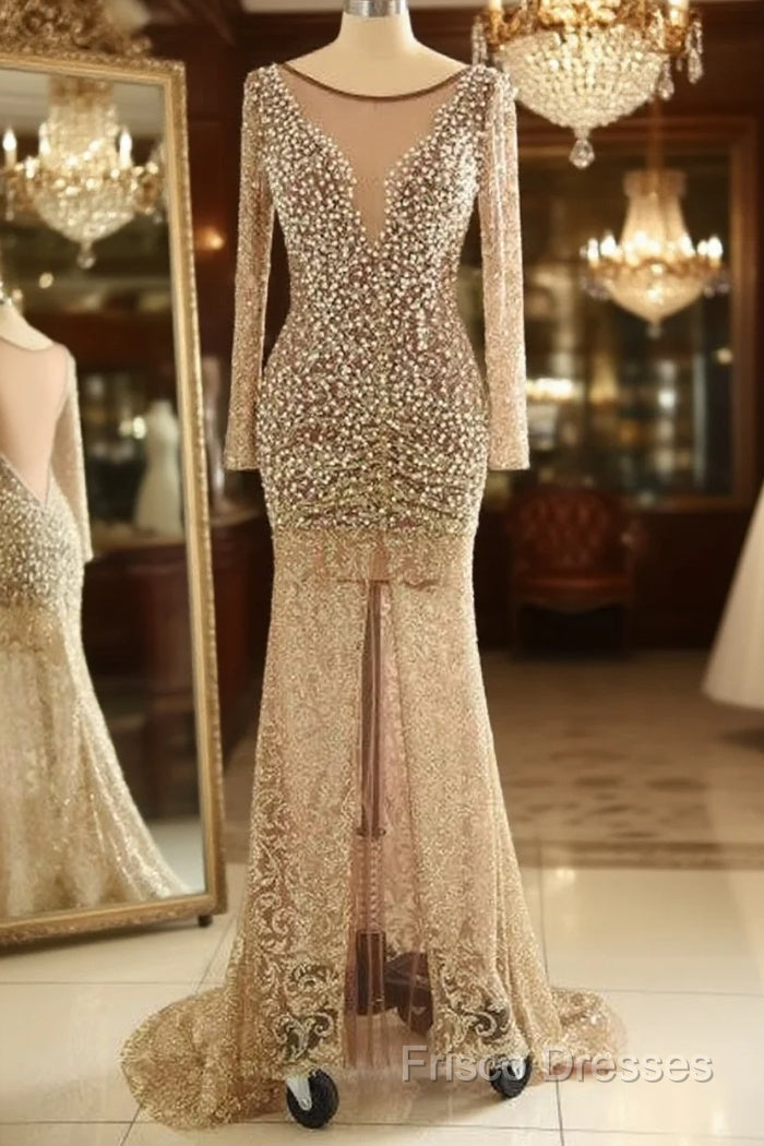 Trumpet Mermaid Scoop Champagne Tulle Beading Luxury Formal Prom Dress