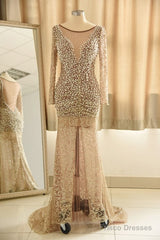 Trumpet Mermaid Scoop Champagne Tulle Beading Luxury Prom Dress