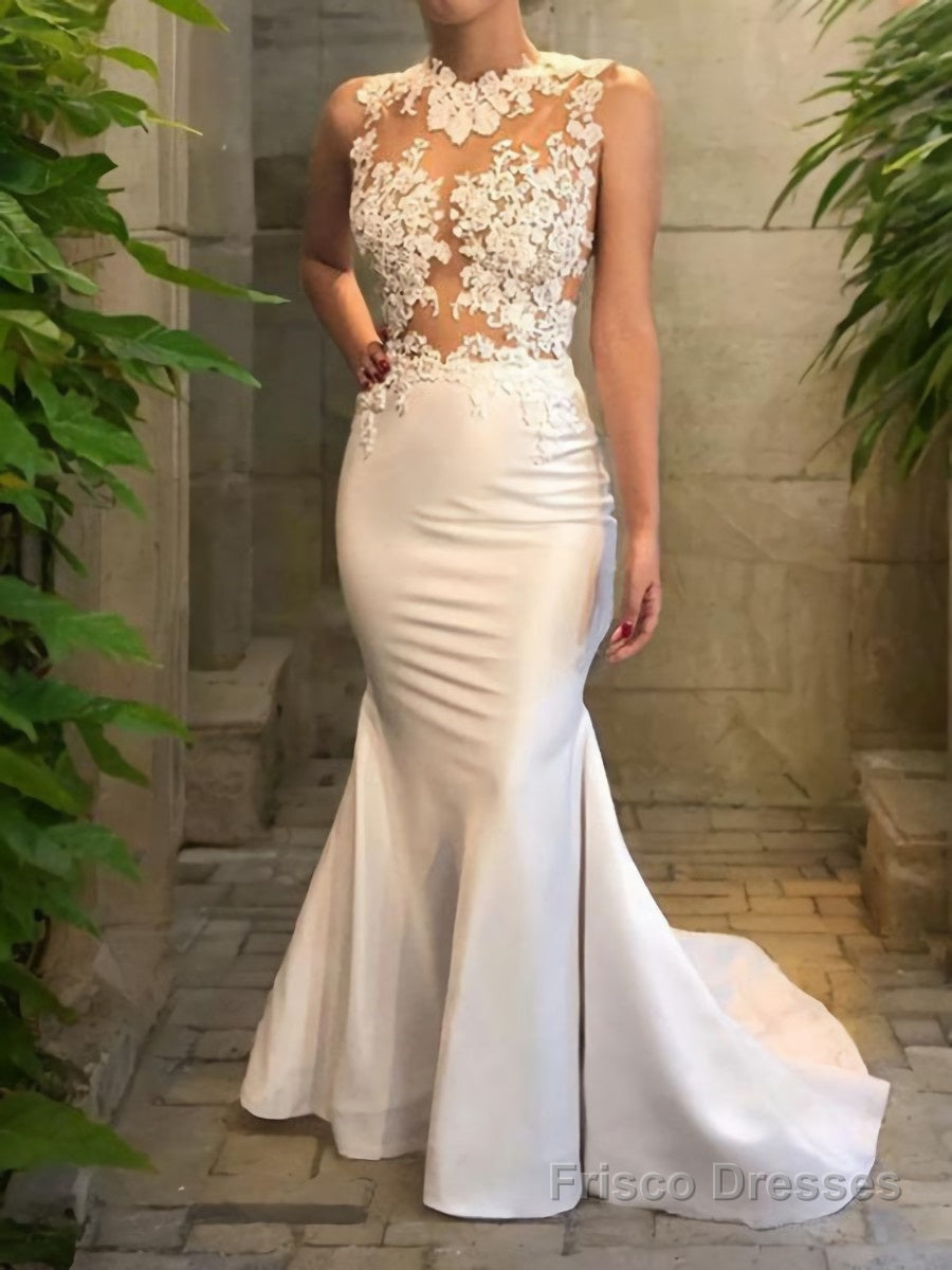 Trumpet/Mermaid Scoop Court Train Satin Wedding Dresses With Appliques Lace Secondary image