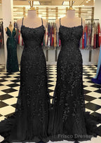 Trumpet/Mermaid Scoop Neck Sleeveless Sweep Train Lace Prom Dresses With Crystal