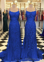 Trumpet/Mermaid Scoop Neck Sleeveless Sweep Train Lace Prom Dresses With Crystal