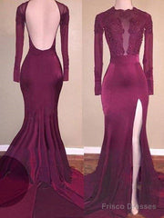 Trumpet/Mermaid Scoop Satin Long Sleeves Applique Sweep/Brush Train Dresses