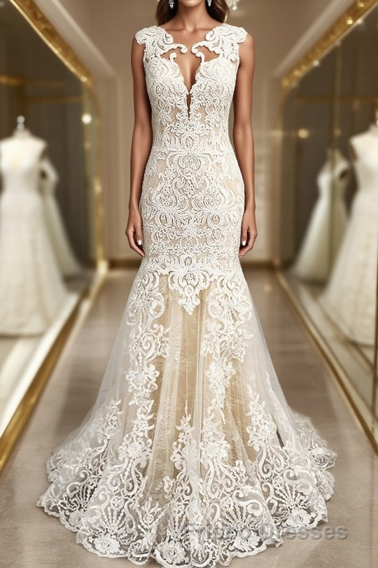 Trumpet/Mermaid Scoop Sweep Train Tulle Wedding Dress With Appliques Lace Main image