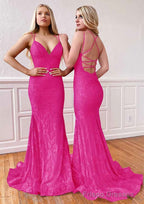 Trumpet/Mermaid Sleeveless Sweep Train Lace Prom Dresses With Pleated