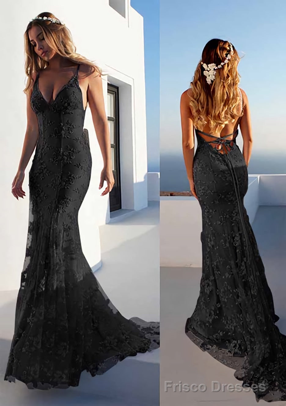 Trumpet/Mermaid Spaghetti Straps Court Train Lace Prom Dresses