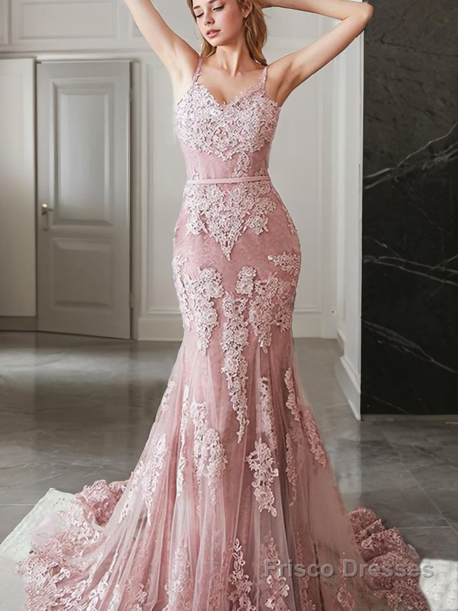 Trumpet/Mermaid Spaghetti Straps Sweep Train Lace Evening Dresses With Appliques Lace Main image