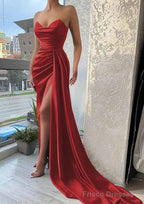 Trumpet/Mermaid Sweetheart Strapless Court Train Satin Prom Dresses With Pleated Split