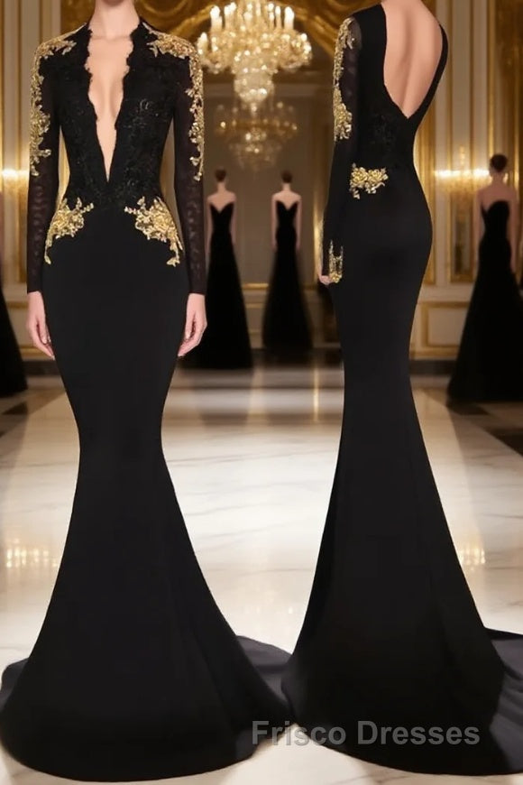 Trumpet/Mermaid V-neck Chapel Train Jersey Formal Prom Dress With Appliques Lace