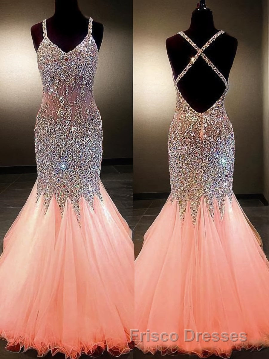 Trumpet/Mermaid V-neck Floor-Length Tulle Formal Prom Dress With Rhinestone