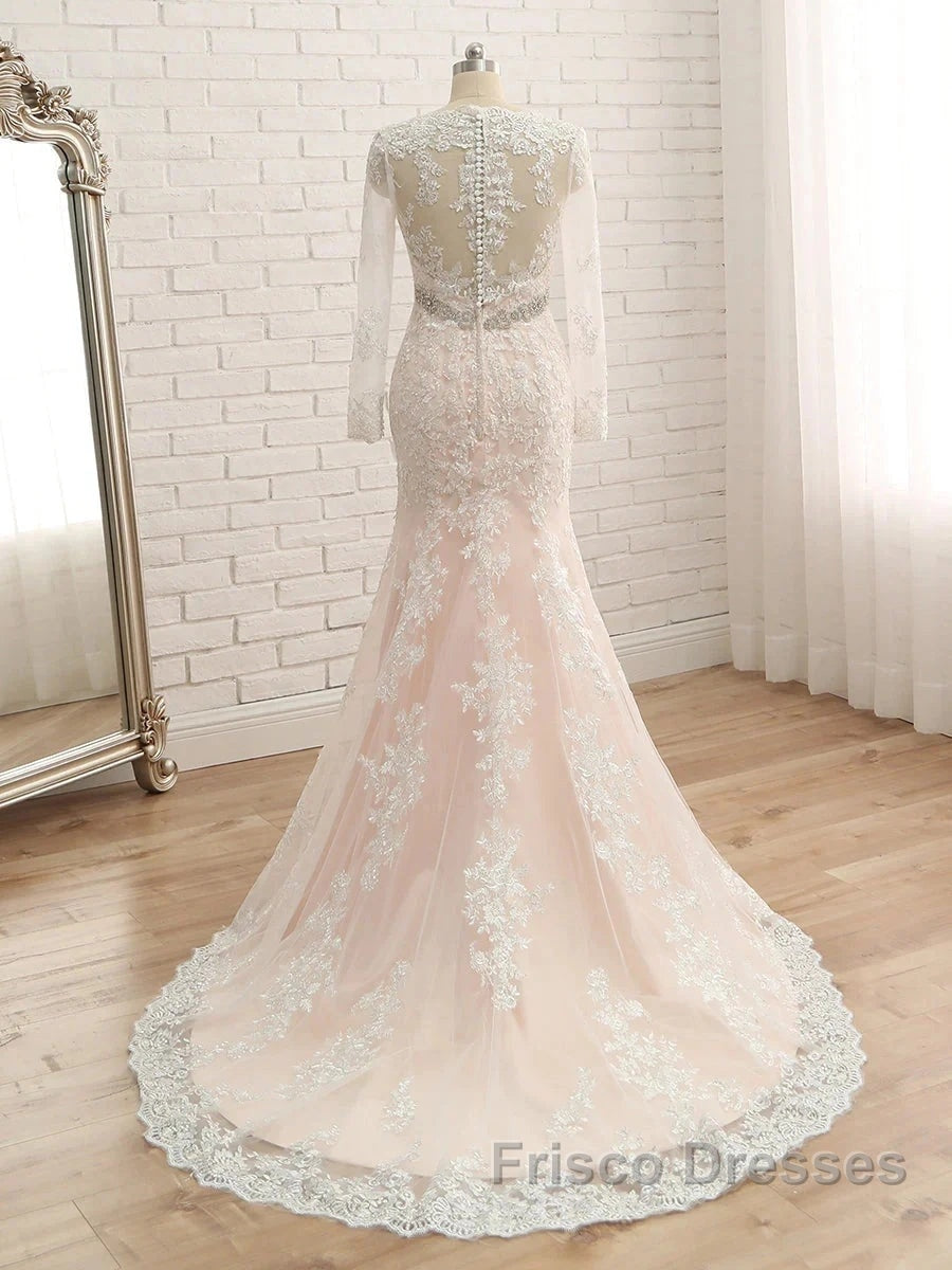 Trumpet/Mermaid V-Neck Long Sleeves Applique With Rhinestone Tulle Floor-Length Wedding Dress Secondary image