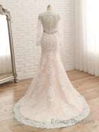 Trumpet/Mermaid V-Neck Long Sleeves Applique With Rhinestone Tulle Floor-Length Wedding Dress