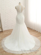 Trumpet/Mermaid V-Neck Sleeveless Applique With Sequin Tulle Court Train Wedding Dress