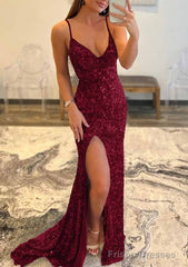 Trumpet/Mermaid V Neck Sleeveless Sweep Train Allover Sparkly Sequined Prom Dresses With Split