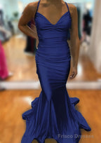 Trumpet/Mermaid V Neck Sleeveless Sweep Train Jersey Prom Dresses With Pleated