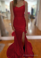 Trumpet/Mermaid V Neck Sleeveless Sweep Train Jersey Prom Dresses With Split Pleated