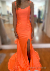 Trumpet/Mermaid V Neck Sleeveless Sweep Train Jersey Prom Dresses With Split Pleated