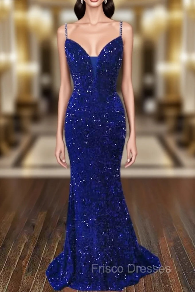 Trumpet/Mermaid V Neck Sleeveless Sweep Train Velvet Sequins Formal Prom Dress