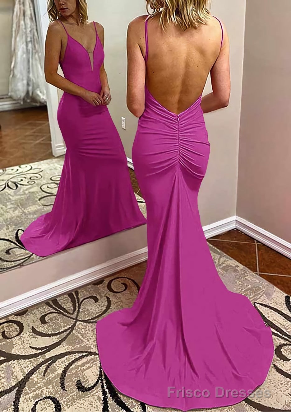 Trumpet/Mermaid V Neck Spaghetti Straps Court Train Jersey Prom Dresses With Pleated