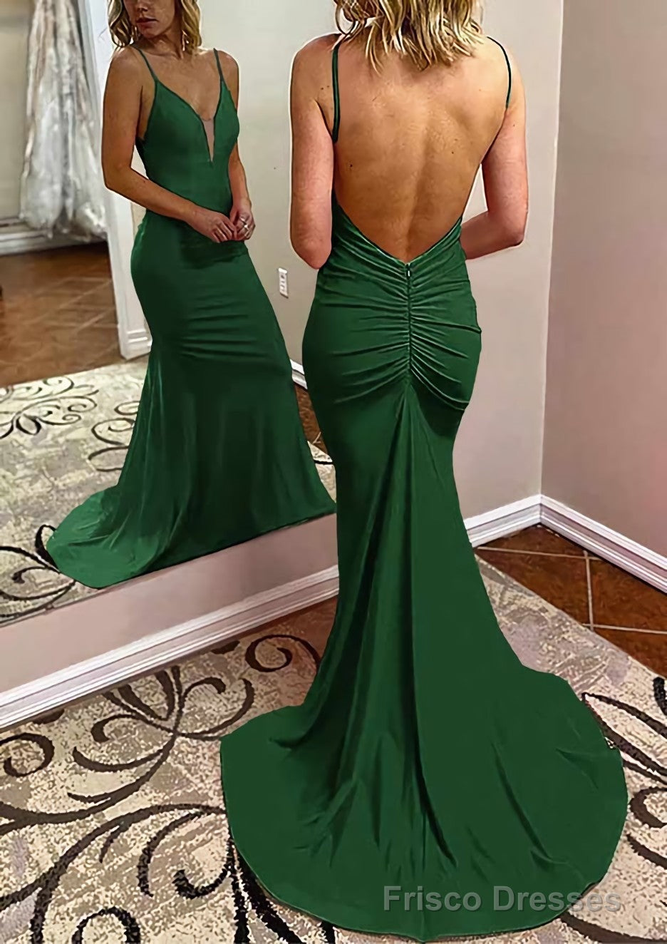 Trumpet/Mermaid V Neck Spaghetti Straps Court Train Jersey Prom Dresses With Pleated