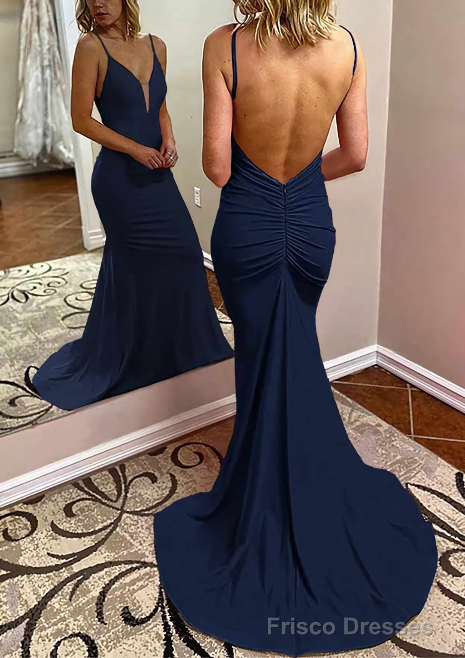 Trumpet/Mermaid V Neck Spaghetti Straps Court Train Jersey Prom Dresses With Pleated Secondary image