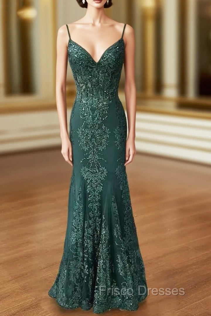 Trumpet/Mermaid V Neck Spaghetti Straps Long/Floor-Length Tulle Formal Prom Dress With Appliqued Beading
