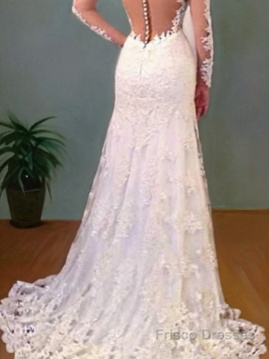 Trumpet/Mermaid V-neck Sweep Train Lace Wedding Dresses With Appliques Lace Secondary image