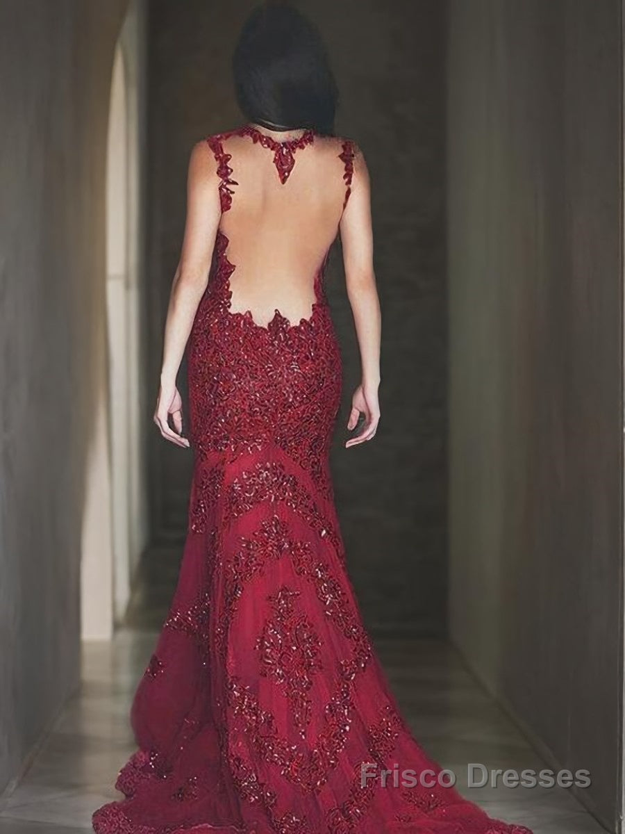 Trumpet/Mermaid V-neck Sweep Train Tulle Evening Dresses With Appliques Lace Secondary image