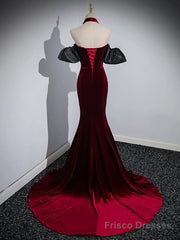 Trumpet/Mermaid Velvet Burgundy Long Prom Dress with Beads