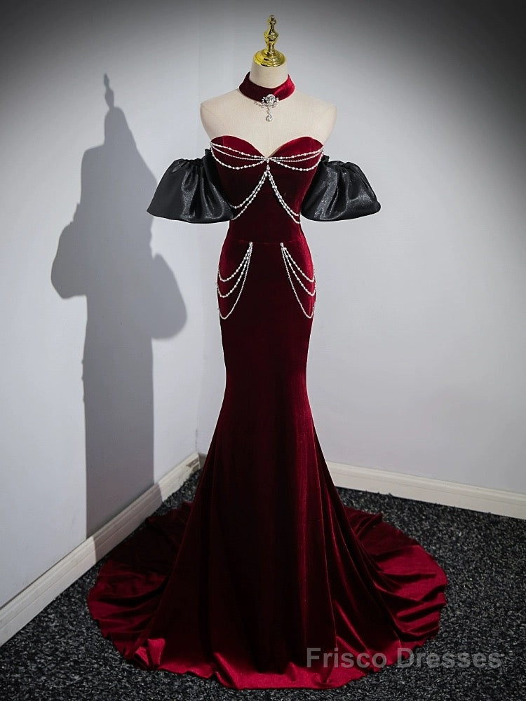 Trumpet/Mermaid Velvet Burgundy Long Prom Dress with Beads