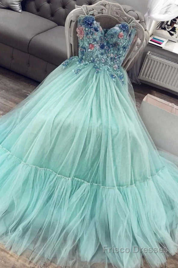 A Line Mint Green Sweetheart Tulle Appliques Long Prom Dresses Main image