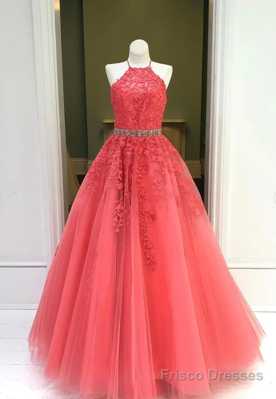 Red Lace Floor Length Prom Dresses, A-Line Formal Evening Dresses Main image