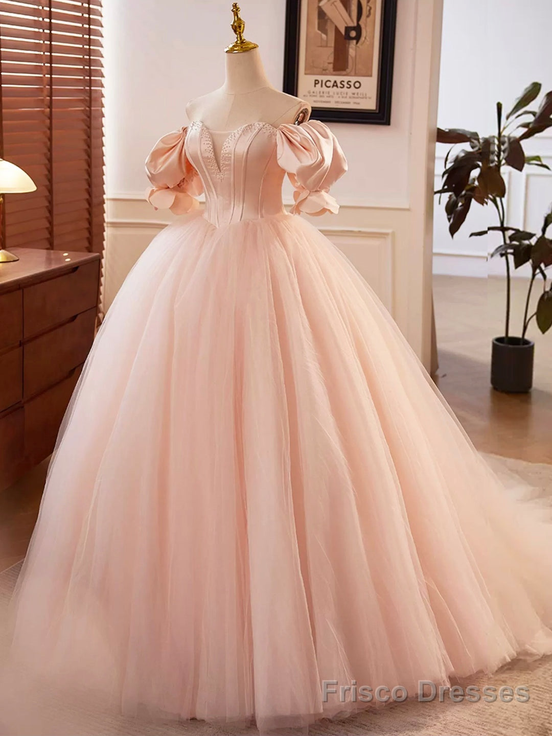 Pink Sweetheart Neck Corset Tulle Prom Dress, A-Line Off the Shoulder Sweet 16 Dress Main image