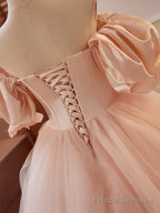 Pink Sweetheart Neck Corset Tulle Prom Dress, A-Line Off the Shoulder Sweet 16 Dress
