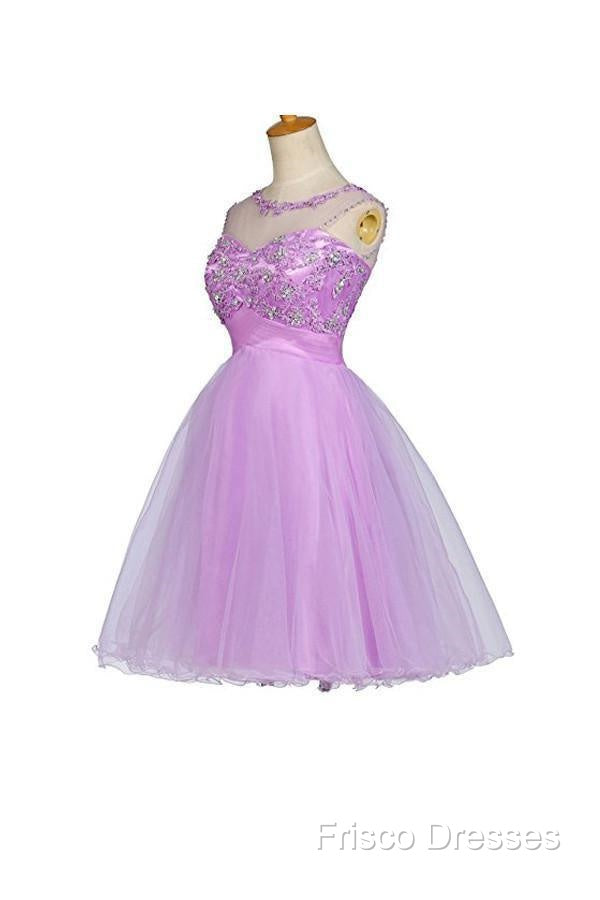 Tulle Appliques Beads Open Back Short Purple Homecoming Dress