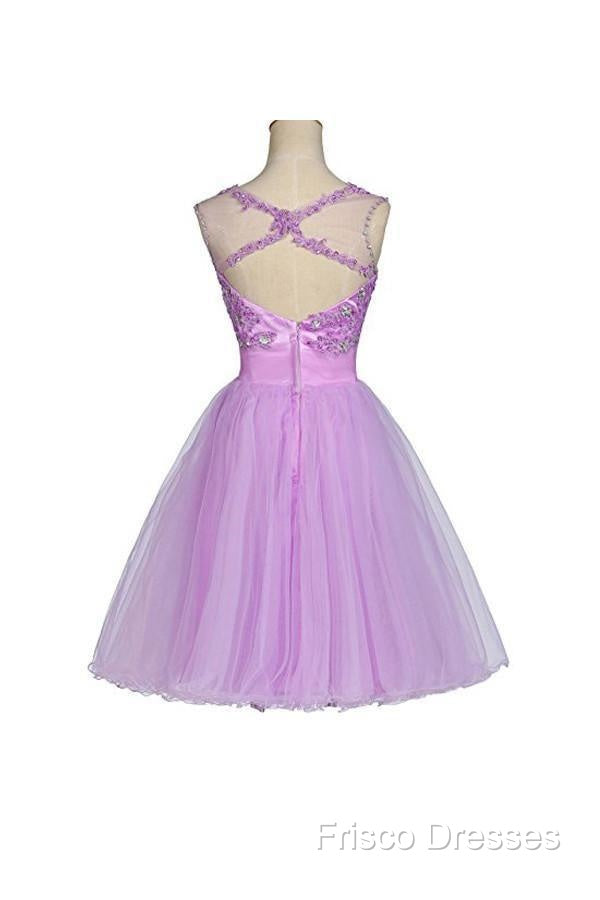 Tulle Appliques Beads Open Back Short Purple Homecoming Dress