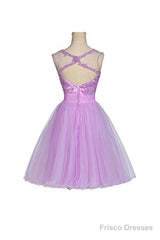 Tulle Appliques Beads Open Back Short Purple Homecoming Dresses