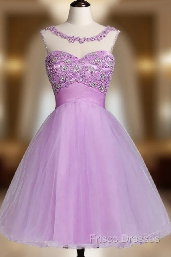 Tulle Appliques Beads Open Back Short Purple Homecoming Dress Main image