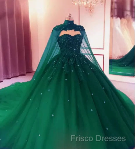 Tulle Ball Gown Emerald Green Quinceanera Dress Crystals With Cape Free Secondary image