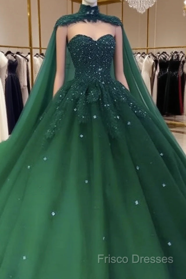 Tulle Ball Gown Emerald Green Quinceanera Dress Crystals With Cape Free